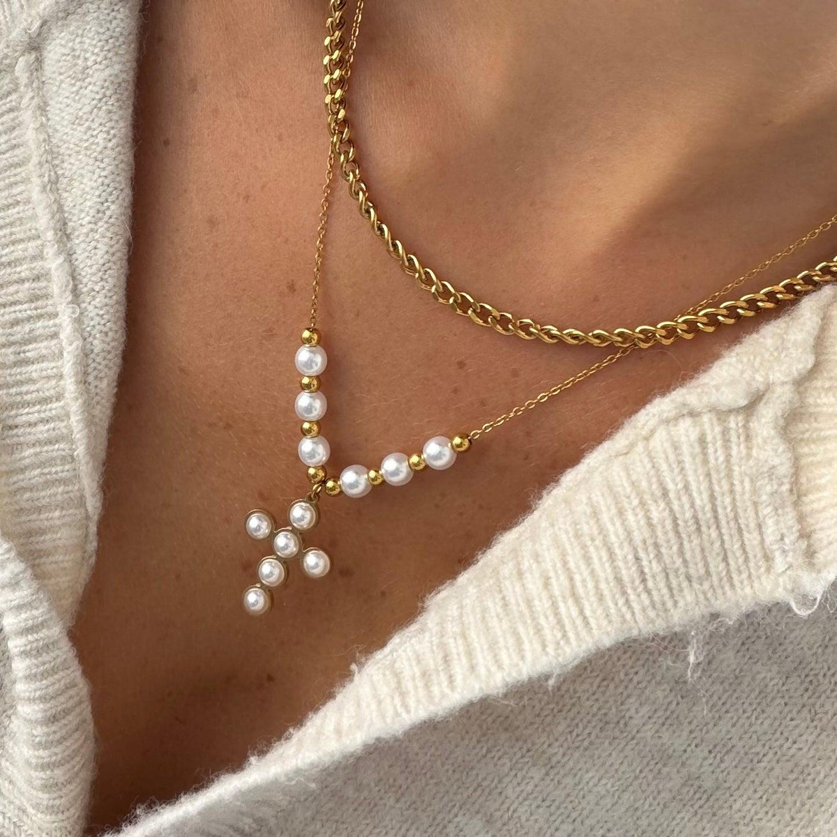 Pearly Blessing  Cross Double Layered Necklace