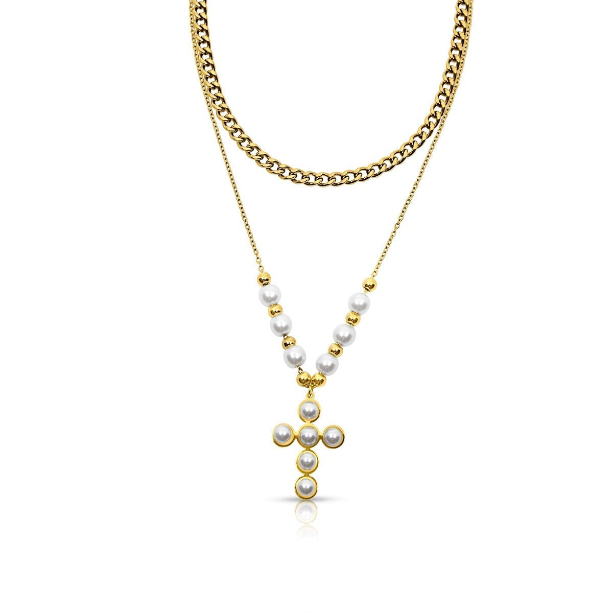 Pearly Blessing  Cross Double Layered Necklace